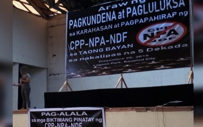 <p>Former New People’s Army member 'Glen' speaking before the participants of the rally which condemned and mourned the atrocities and sufferings of the Filipino people brought by the communist rebel movement held at the Negros Occidental Multi-Purpose Activity Center in Bacolod City Wednesday afternoon (December 26, 2018)<em>. (Photo by Nanette L. Guadalquiver)</em></p>