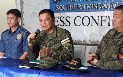 <p>(L-R) Chief Superintendent Marcelo Morales, the Director of Police Regional Office (PRO)-11 Director, Brig. Gen. Jose Faustino Jr., commander of the Army's 10th Infantry Division, and Col Randolph Cabangbang, deputy commander of Task Force Davao, brief the AFP-PNP press corps on Wednesday's AFP-PNP press corps at the Royal Mandaya Hotel in Davao City. <em><strong>PNA photo by Lilian C Mellejor</strong></em></p>