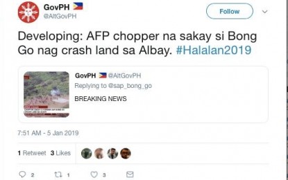 <p>The fake news that an anti-Duterte group posted on Twitter on Saturday (Jan. 5, 2019). <em>(Screengrab from Twitter)</em></p>