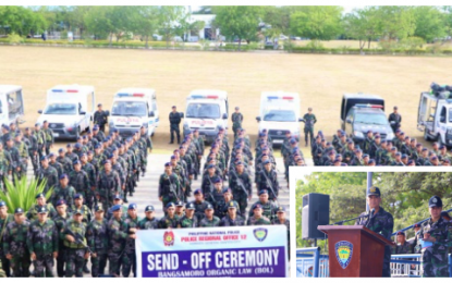 <p><strong>AUGMENTATION FORCE.</strong> Chief Supt. Eliseo Tam Rasco (inset), the director of Police Regional Office 12, sent off Thursday (January 10, 2019) a total of 396 cops to help secure peace and order during the conduct of the Bangsamoro Organic Law plebiscite in Cotabato City this January 21. <em><strong>(Photo by PRO-12)</strong></em></p>