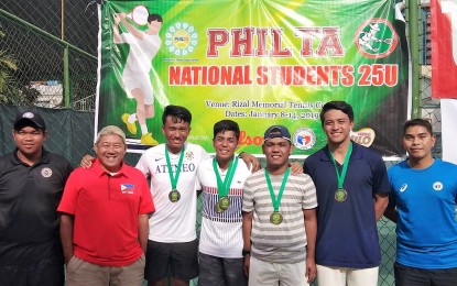 <p><strong>TWIN VICTORIES</strong>. Jose Antonio Tria of Colegio San Agustin (fourth from left) poses after winning the men's singles and doubles titles in the PHILTA National Students Championships at the Rizal Memorial Tennis Center on Friday (Jan. 11, 2019). With him are (from left) PHILTA national coach Davis Alano, tournament organizer Jovy Mamawal of the Children's Tennis and Sports Management, Luke Flores (Ateneo), Rolly Saga (UE), Jose Julian Dayrit (Ateneo), and soft tennis national coach Roel Licayan. <em>(Contributed photo)</em></p>