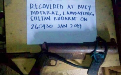 <p><strong>SEIZED.</strong> The grenade launcher recovered from suspect Noel Agduma macho, a resident of Barangay Didtaraz, Lambayong, Sultan Kudarat, during a law enforcement operation by government troopers on Saturday (Jan. 26). <em>(Photo by 6th ID)</em></p>