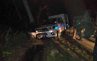 <p><strong>BOMBED.</strong> The ill-fated police patrol car driven by slain Police Officer 1 Christopher Anadon after the NPA roadside bombing and ambush in Magpet, North Cotabato on Monday (Jan. 28). <em><strong>(Photo courtesy of North Cotabato PPO)</strong></em></p>