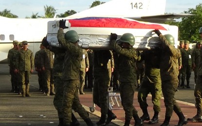 <p><strong>FALLEN 'HERO'.</strong> The coffin bearing the remains of one of the two soldiers killed in last Sunday's church blast in Jolo -- identified as Sgt. Mark Dres Simbre and Cpl. John Mangawit -- is carried by their fellow soldiers upon arrival in Cauayan City from Zamboanga City, January 29, 2019 . <em>(Photo by Villamor Visaya Jr.)</em></p>