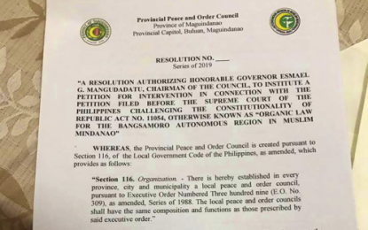 <p>A copy of the resolution passed by the Maguindanao Peace and Order Council authorizing Maguindanao Governor Esmael Mangudadatu to initiate a legal action seeking to junk all petitions against the Bangsamoro Organic Law. <em><strong>(Photo courtesy of Maguindanao PPOC)</strong></em></p>
