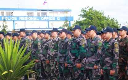 <p><strong>READY.</strong> Police troopers stand at attention during their send off ceremony at the Police Regional Office -12 headquarters in General Santos City on Monday (Feb. 4) for the Feb.6 Bangsamoro Organic Law plebiscite in 67 villages of seven towns in North Cotabato province. <em>(Photo by PRO-12)</em></p>