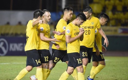 <p>Stephan Schrock (2<sup>nd</sup> from left) scores Ceres-Negros’ lone goal against Yangon United’s two in Tuesday night’s AFC Champions League 2019 Preliminary Stage 1 qualifiers at the Panaad Park and Stadium in Bacolod City. <em>(Photo courtesy of ceresfootball.com)</em></p>
<p> </p>