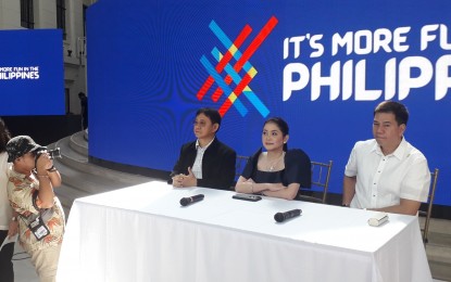 <p>Interior and Local Government Secretary Eduardo Año, Tourism chief Bernadette Romulo-Puyat, and Tourism Undersecretary Benito Bengzon Jr. answers questions from during the unveiling of the country's refreshed tourism slogan: "It's More Fun in the Philippines." <em>(PNA photo by Joyce Ann L. Rocamora)</em></p>