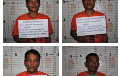 <p><strong>AMBUSH SUSPECTS.</strong> Mugshots of the four suspects in connection with the ambush-slay of June Pananggulon, chief of the Moro Islamic Liberation Front 108th Base Command, and wounding of his companion, in Barangay Gaunan, M’lang, North Cotabato, on Sunday (Feb. 17). <em><strong>(Photo courtesy of PRO-12)</strong></em></p>