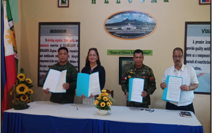 <p>Department of Environment and Natural Resources (DENR) Calabarzon Regional Executive Director Maria Paz G. Luna (2nd from left) with Col. Atanacio F. Sarzadilla, Group Commander of the 4<sup>th</sup> Regional Community Defense Group-Army Reserve Command sign the Memorandum of Partnership which provides an impounding facility for the DENR’s confiscated logs, forest products and seedling replacement from tree cutting permittees. Witnessing the ceremony are Col. Dario C. Bucawit (left), 4<sup>th</sup> RCDG-ARESCOM Deputy Commander and lawyer Ronilo L. Salac, (right) chief of the Provincial Environment and Natural Resources Office (PENRO)-Laguna at the Camp General Macario Sakay, Los Baños, Laguna on Feb. 18. 2019. <em>(Photo courtesy of Kizza S. Candulisas/PENRO-Laguna PIO)</em></p>
