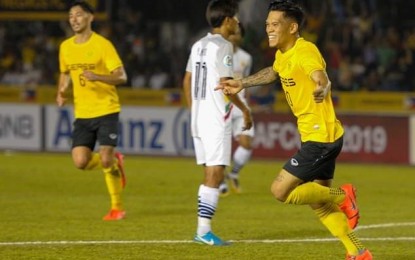 <p>OJ Porteria (right) scores a brace to lead Ceres-Negros’ 3-2 win against Myanmar’s Shan United in their AFC Cup 2019 opening match at the Panaad Stadium in Bacolod City on Tuesday night. <em>(Photo from Ceres-Negros FC Facebook page)</em></p>