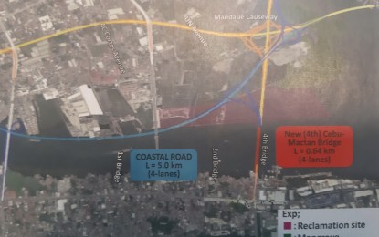 <p><strong>CEBU'S 4TH BRIDGE.</strong> A copy of the preparatory survey shows the proposed alignment of the new (4th) Mactan Bridge connecting the cities of Lapu-Lapu and Mandaue, as recommended by the Japan International Cooperation Agency (JICA). <em>(Photo by John Rey Saavedra)</em></p>