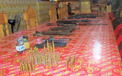 <p>The firearms surrendered by ten New People’s Army rebels in North Upi, Maguindanao. <em><strong>(Photo courtesy of MBLT-7 photo)</strong></em></p>