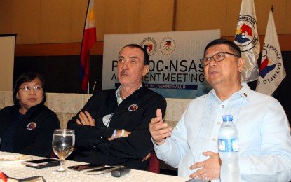 <p>Philippine Sports Commission (PSC) chairman William "Butch" Ramirez (right) talks about the importance of communication between the PSC and the National Sports Associations (NSAs) in a press conference after the PSC-POC-NSAs Alignment Meeting at the Philippine International Convention Center (PICC) Summit Hall D on Friday (Mar. 8, 2019). Also in photo are PSC executive director Merlita Ibay and PSC Commissioner Ramon Fernandez. <em>(PNA photo by Jess Escaros)</em></p>