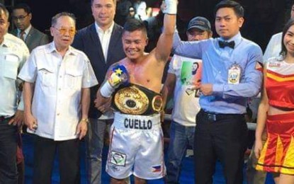 <p>The new Asia Boxing Federation Bantamweight champ denver Cuello receives his belt after winning over opponent Indonesian boxer Jack Amisa. </p>