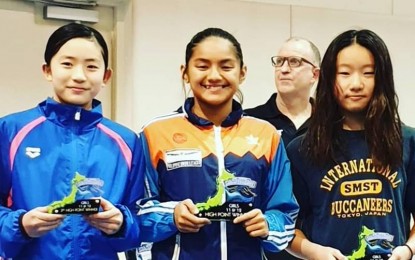 <p>Micaela Jasmine Mojdeh  (center) receives her trophy with two Japanese competitors.<em> (Photo courtesy of PSL)</em></p>