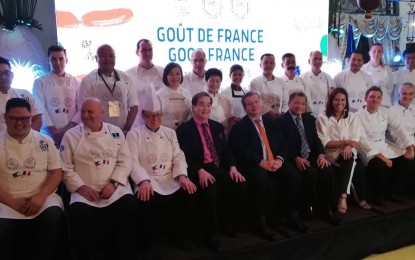 <p>French Ambassador Nicolas Galey and participating chefs in the 5th Gout de France face the media during the event launch at the Manila Hotel on Wednesday night (March 13, 2019). <em>(Photo by Joyce Ann L. Rocamora)</em></p>