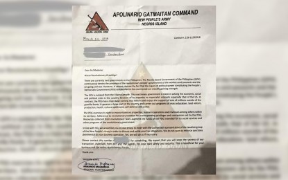 <p><strong>LETTER FROM THE NPA.</strong> A copy of the New People’s Army extortion letter recovered by troopers of the Philippine Army’s 15<sup>th</sup> Infantry Battalion after their encounter with communist rebels at Sitio Bunga, Barangay Salong in Kabankalan City, Negros Occidental Tuesday afternoon (March 12, 2019).<em> (Photo from 303<sup>rd</sup> Infantry Brigade, Philippine Army)</em></p>