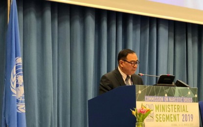<p>Department of Foreign Affairs Secretary Teodoro Locsin, Jr. at the Ministerial Segment of the 62nd Session of the Commission on Narcotics and Drugs on Thursday in Vienna, Austria <em>(Photo courtesy of DFA Assistant Secretary Elmer Cato)</em></p>