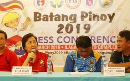<p>Philippine Sports Commission (PSC) Commissioner Celia Kiram (second from left) talks about the government's grassroots sports programs during the Batang Pinoy Luzon qualifying leg press conference at the Isabela Sports Complex in Ilagan City, Isabela on Sunday (March 17, 2019). From left are PSC Commissioner Charles Maxey, Ilagan City Vice Mayor Vedasto Villanueva and City Government Service Office chief Ricky Laggui.  <em>(Contributed photo)  </em></p>