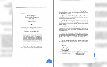<p>Republic Act 11233 signed by Pres. Rodrigo R. Duterte on February 20 upgrades the Bacoor District Hospital into a Level III general hospital.</p>