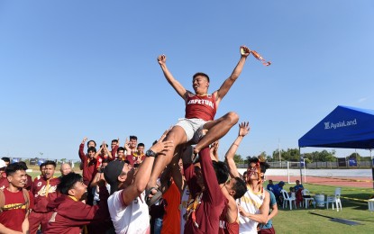<p style="margin: 0in 0in 7.9pt 0in;"><span style="font-size: 10.5pt; font-family: 'Segoe UI','sans-serif'; color: black;">Perpetual Junior Altas tracksters celebrate their first overall title since they they joined the National Collegiate Athletics Association (NCAA) in 1984. <em>(Photo by Dennis Abrina/PNA)</em></span></p>