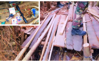 <p><strong>FOXHOLE.</strong> The abandoned underground lair of the Bangsamoro Islamic Freedom Fighters found by government troopers in Barangay Magaslong, Datu Piang, Maguindanao on Tuesday (March 19). The terror group's hiding place also contained war materials (inset), including components for anti-personnel mines. <em>(Photo courtesy of 6ID)</em></p>