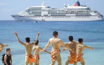 <p>Dancers greet European tourists on board cruise ship MS Europa 2 on its way to Kalanggaman Island in Leyte on Thursday (March 21, 2019). <em>(Photo by Roel Amazona) </em></p>