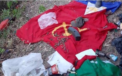 <p>Government troops overrun an NPA hideout in Sitio Burak, Barangay Alimodias, Miagao, Iloilo, on March 24 2019. The 61st Infantry Battalion recovered subversive documents, M16 rifle, ammunitions, anti–personnel mines and NPA-NDF flags <em>(Photo courtesy of 61IB)</em></p>
