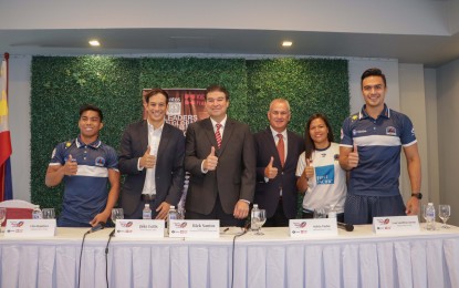 <p>Philippine Rugby Football Union athletes and officials reveals SEA Games preparation plans during the weekly PSA Forum at Amelie Hotel in Malate, Manila on Tuesday (March 26, 2019). From left are Lito Ramirez (athlete); PRFU general manager Jake Letts, president Rick Santos and treasurer Bill Bailey; Sylvia Tudoc and Evan Spargo (athletes). <em>(Photo courtesy of Santos Knight Frank) </em></p>