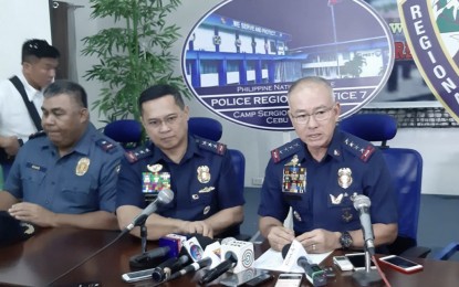 <p><strong>DRUG PROBLEM.</strong> Philippine National Police Chief General Oscar Albayalde (right) speaks to the media during a press briefing at the Police Regional Office (PRO-7) Headquarters in Cebu City on April 11, 2019, while PNP Deputy Chief for Operations Lt. Gen. Archie Francisco Gamboa (center) and PRO-7 Director, Brig. Gen. Debold Sinas look on. Albayalde said illegal drugs remain to be a serious problem in Cebu, with anti-drug operations yielding kilograms of shabu amounting to several millions of pesos. <em>(Photo by John Rey Saavedra)</em></p>
