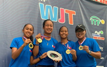 <p><strong>CHAMPION:</strong> The members of Team Philippines show their medals after winning the World Junior Tennis Championships Asia-Oceania Final Qualifying tournament in Kuala Lumpur, Malaysia on Saturday (April 13, 2019). From left are Jenaila Rose Prulla, Alexandra Eala, Alexa Joy Milliam and coach Czarina Mae Arevalo. <em>(Contributed photo)</em></p>