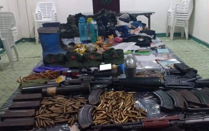 <p><strong>SEIZED ARMS</strong>. The high-powered firearms and ammunitions, as well as other items, seized by troopers of the 79th Infantry Battalion after the encounter with communist rebels in Calatrava, Negros Occidental on Wednesday afternoon (April 17, 2019). Three New People’s Army guerrillas were killed while a soldier was slightly injured in the clash. <em> (Photo courtesy of 79th IB, Philippine Army)</em></p>
<p> </p>