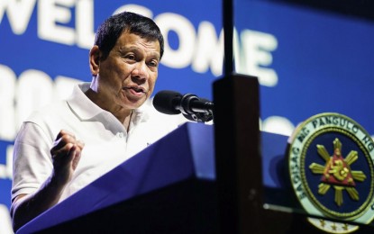 <p>President Rodrigo Roa Duterte delivers his speech during the Partido Demokratiko Pilipino-Lakas ng Bayan (PDP-Laban) campaign rally at the Caraga State University in Cabadbaran City, Agusan del Norte on April 21, 2019. <em>(Arman Baylon/Presidential Photo)</em></p>