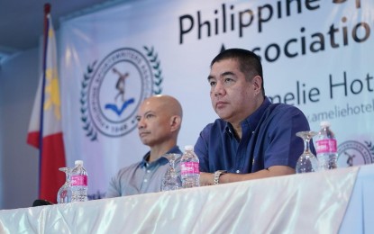 <p>Gilas Pilipinas head coach Yeng Guiao (left) and PBA commissioner Willie Marcial grace PSA Forum at the Amelie Hotel-Manila on Tuesday (April 23, 2019). <em>(Photo courtesy of PSA)</em></p>