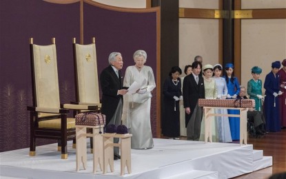 <p>Japanese Emperor Akihito (left) and Empress Michiko (right) attend a ritual ceremony for the Emperor's abdication in Tokyo, Japan on Tuesday (April 30, 2019). Japanese Emperor Akihito in his final speech as a monarch on Tuesday declared his abdication and said he sincerely hoped for a stable future for Japan and peace and happiness around the world. (Xinhua/Imperial Household Agency Handout)</p>