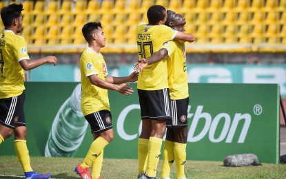 <p>Kaya FC-Iloilo forward Jordan Mintah (right) celebrates one of his three goals with his team mates during their match against Lao Toyota FC at the Panaad Park and Stadium in Bacolod City on Tuesday afternoon (April 30, 2019). The Filipino squad thrashed the visitors, 5-1, to move up the second spot in Group H of the AFC Cup 2019. <em>(Photo from the AFC Cup Twitter account)</em></p>