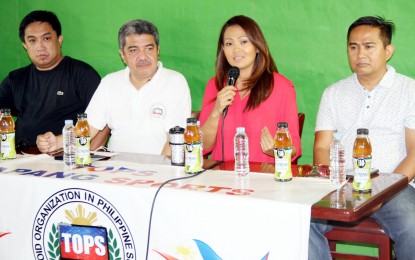 <p><strong>CALL FOR UNITY</strong>. Philippine Karatedo Federation president Gretchen Malalad (2nd from right) talks about plans to unite the two feuding factions in local karate community during the Tabloid Organization in Philippine Sports (TOPS) Forum at the National Press Club on Thursday (May 2, 2019). From left are Community Basketball Association operations director Robert dela Rosa, TOPS president and People's Tonight sports editor Ed Andaya and national coach Reiner de Leon. <em>(PNA photo by Jess Escaros)</em></p>