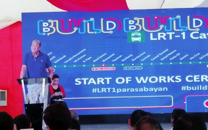 <p><strong>WHAT FAILURE?</strong> DOTr Secretary Arthur Tugade addresses a crowd during a ceremony for the LRT-1 Cavite Extension project. The DOTr on Wednesday (Nov. 13, 2019) rejected Senator Franklin Drilon's claim that the “Build, Build, Build” project was a failure, citing that the massive infrastructure project was beyond the 75 projects submitted at the start of the Duterte administration. <em>(File photo)</em></p>