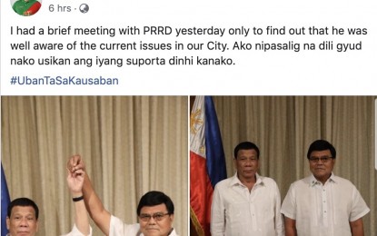 <p><strong>MEETING WITH THE PRESIDENT.</strong> Cebu City Vice Mayor Edgardo Labella posts on his Facebook page pictures of President Rodrigo Duterte raising his hand in Malacañang Palace on Monday, May 6, 2019. The vice mayor asked for postponement of his supposed debate with Mayor Tomas Osmeña due to his 'important meeting' with the Chief Executive. <em>(Screengrab from Facebook)</em></p>
