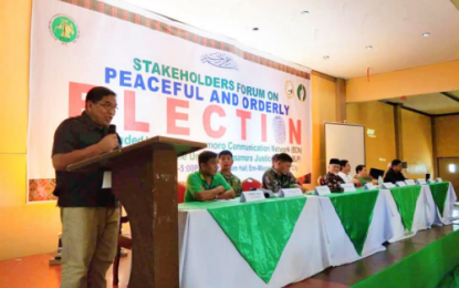 <p><strong>CALL FOR PEACEFUL POLLS.</strong> Abdulraof Macacua (left), secretary-general of the United Bangsamoro Justice Party (UBJP), delivers his message during a stakeholders’ forum for orderly elections held in Cotabato City on Monday (May 6, 2019). Macacua called on party members who are participating in democratic elections for the first time, to work for peaceful elections in the Bangsamoro Autonomous Region in Muslim Mindanao. <em>(Photo courtesy of UBJP)</em></p>