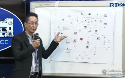 <p>Presidenial Spokesperson Salvador Panelo presents a new matrix showing individuals and organizations — including opposition Liberal Party, Magdalo and media groups — allegedly involved in a ‘deliberate attempt’ to discredit President Rodrigo Duterte and his administration during a Palace press briefing on Wednesday (May 8, 2019). </p>