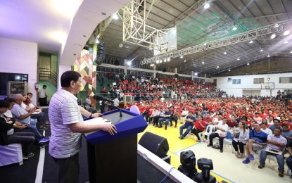 <p>President Rodrigo Roa Duterte delivers his speech during the Partido Demokratiko Pilipino-Lakas ng Bayan (PDP-Laban) campaign rally at the Garcia-Hernandez Sports and Training Center in Bohol on May 8, 2019. <em>(Ace Morandante/Presidential Photo)</em></p>
