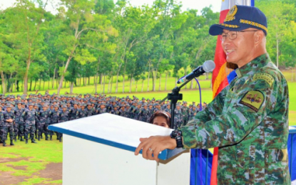 <p><strong>ZERO VIOLENCE.</strong> Philippine National Police Director General Oscar Albayalde speaking before the men and women of Police Regional Office – Bangsamoro Autonomous Region in Muslim Mindanao (PRO-BARMM) in Parang, Maguindanao on Thursday (May 9, 2019) where he pushed for “zero violence” in the forthcoming May 13, 2019 polls. He lauded the PRO-BARMM for the peaceful conduct of elections for the Bangsamoro Organic Law earlier this year that resulted to the formation of the new BARMM political entity. <em><strong>(Photo courtesy of PRO-BARMM)</strong></em></p>