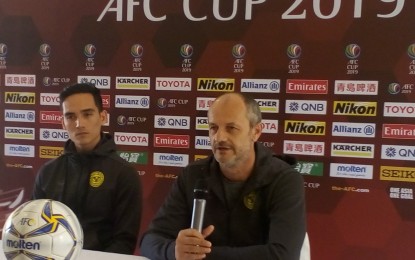 <p><strong>PRE-MATCH PRESS MEET.</strong> Ceres-Negros head coach, Risto Vidakovich, and defender, Sean Kane, talk about the home team’s upcoming match against Vietnam’s Becamex Binh Duong at the Panaad Park and Stadium on Wednesday night, in a pre-match press conference in Bacolod City on Tuesday afternoon (May 14, 2019). Ceres-Negros, the 2017 ASEAN Zone champions, aims to regain the regional title this year after settling for a runner-up finish against Singapore’s Home United in 2018. <em>(Photo by Nanette L. Guadalquiver)</em></p>