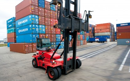 <p><strong>SWIFT HANDLING.</strong> The new empty container handlers can quickly stack containers up to sixty feet high, lift nine metric tons and save container yard space.<em> (Photo courtesy of Kalmar)</em></p>