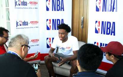 <p>NBA Collin Sexton of the Cleveland Cavaliers answers questions during a media availability session at Hotel Raffles Makati on Wednesday, May 15, 2019).   Sexton along with WNBA legend Ticha Penicheiro is set to grace Jr. NBA Philippine National Training Camp at the SM Mall of Asia Music Hall on May 19.<em> (PNA photo by Jess M. Escaros Jr.)</em></p>