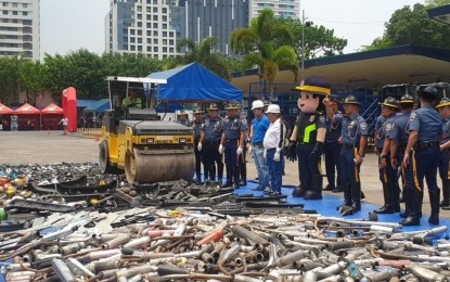 <p><strong>ILLEGAL ACCESSORIES:</strong> Philippine National Police- Highway Patrol Group destroys thousands of sirens, blinkers and other banned vehicle accessories at the Camp Crame, Quezon City on May 22, 2019. <em>(PNA Photo by Christopher Lloyd Caliwan)</em></p>