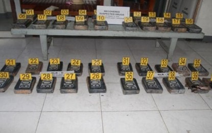 <p><strong>ADDICTIVE CATCH.</strong> Police presents 40 cocaine blocks, weighing 39 kilos and with a street value of PHP218 million, during a press conference at Camp Simeon Ola in Legazpi City on Tuesday (May 28, 2019). The drugs, kept in 12 boxes, were fished out of the waters of Gubat town in Sorsogon on Monday afternoon. <em>(Photo courtesy of Police Regional Office 5)</em></p>