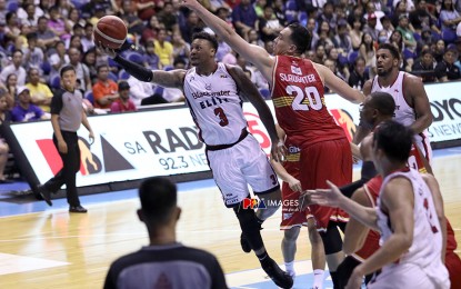 <p><strong>PLAYER OF THE WEEK. </strong> Bobby Ray Parks (#3) soars for a layup against Greg Slaughter (#20) to score 28 points that gave Blackwater Elite a 108-107 overtime win against Barangay Ginebra at the Smart Araneta Coliseum on May 24, 2019.  Parks, son of the late legendary PBA import Bobby Parks, bagged his very first PBA Press Corps-Cignal Player of the Week honor for the period May 19-26. <em>(Photo courtesy of PBA)</em></p>